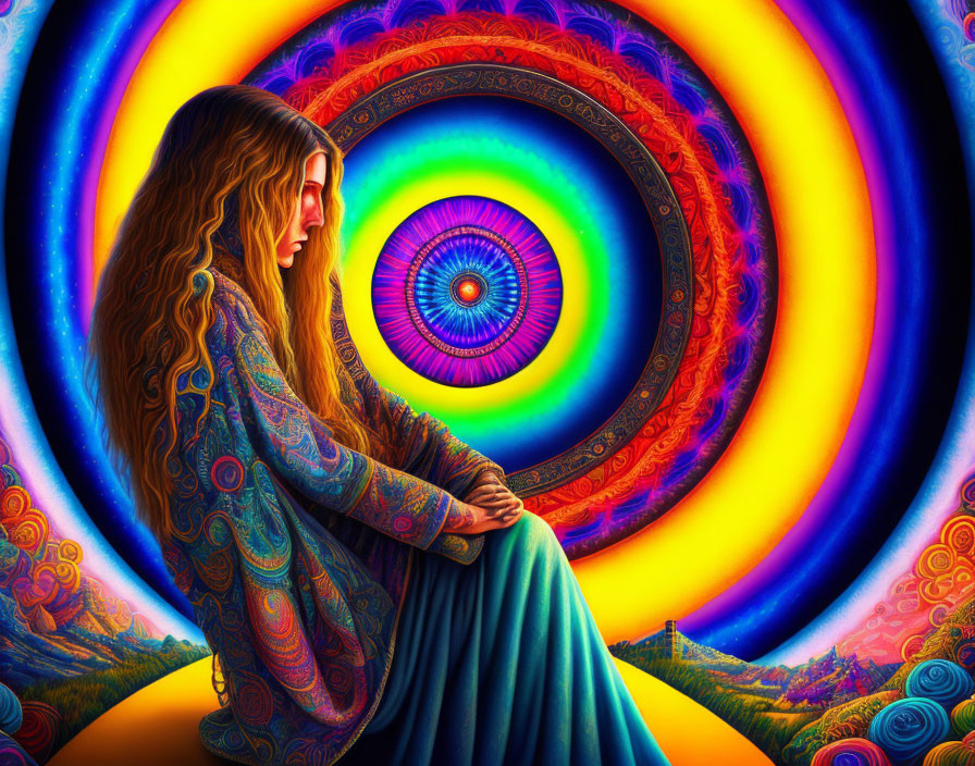 Colorful Spiral Artwork Featuring Woman in Vibrant Outfit