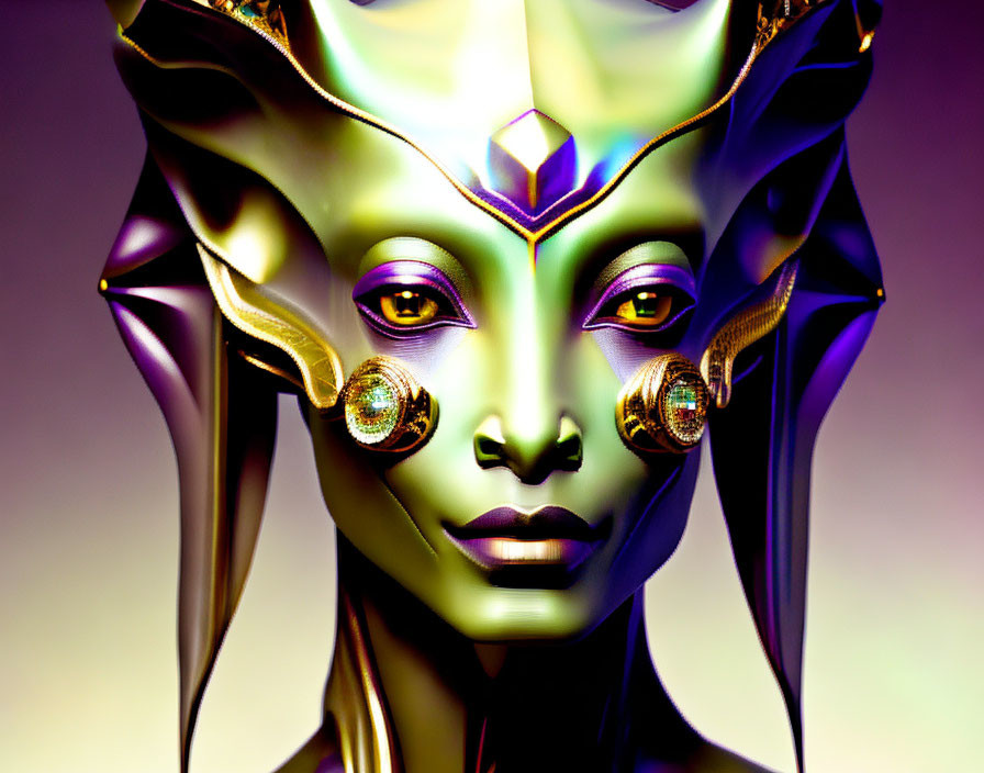 Regal alien-themed digital artwork with metallic skin and golden eyes