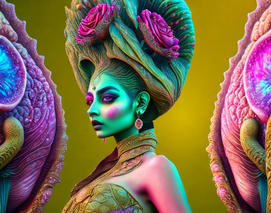 Vibrant digital artwork: Woman with fantasy makeup and flower hair on gradient background