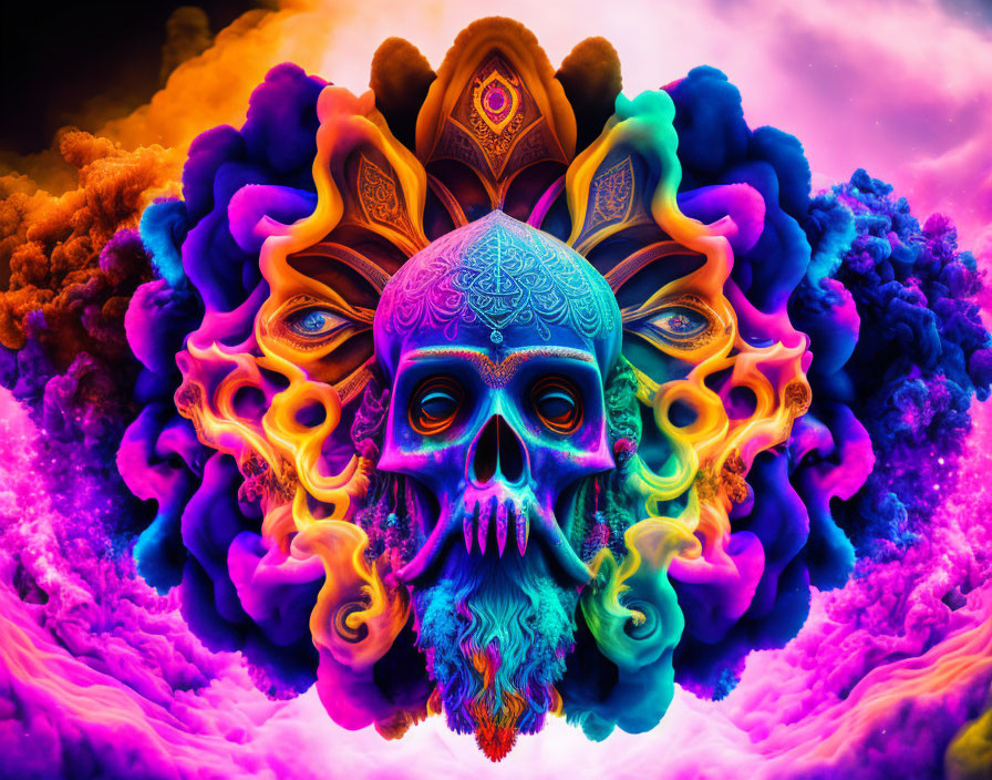 Colorful Psychedelic Skull Surrounded by Intricate Patterns and Billowing Clouds