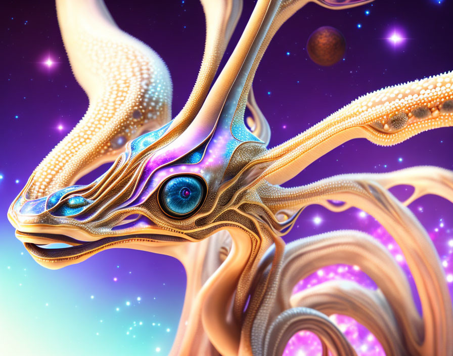 Surreal digital artwork: organic structure with eye-like patterns in cosmic setting