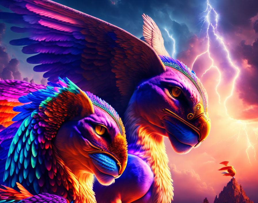 Colorful winged lion-like creatures in blue and purple feathers under dramatic sky with lightning