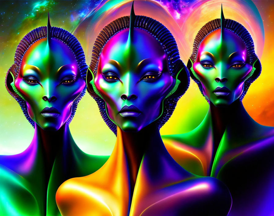 Vibrant alien female figures with colored skin and headpieces in cosmic setting