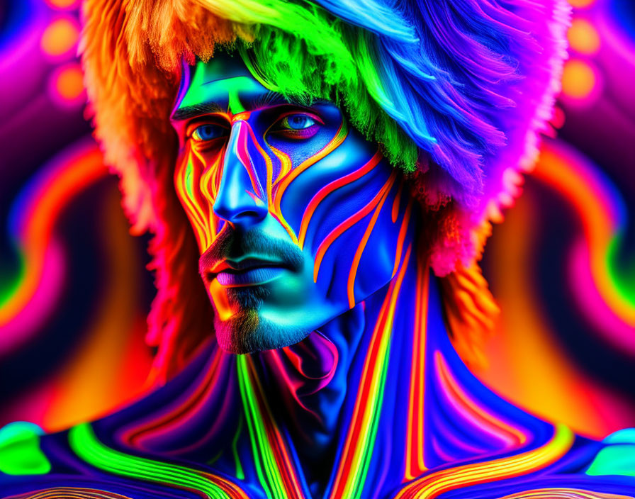 Colorful portrait with psychedelic paint pattern and fur hat