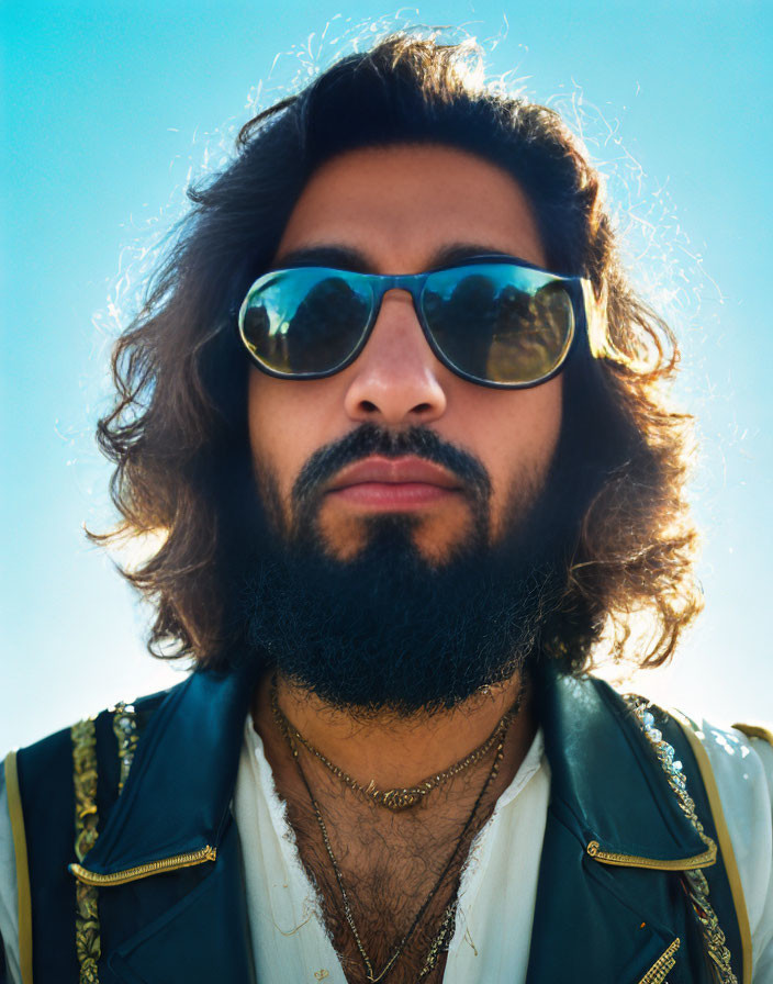 Bearded man in sunglasses and decorated jacket under blue sky