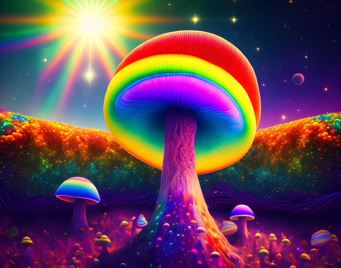 Colorful Psychedelic Mushroom Landscape Under Starry Sky