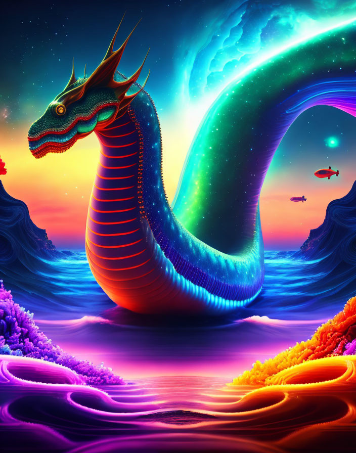 Mythical dragon digital artwork on colorful fantastical landscape