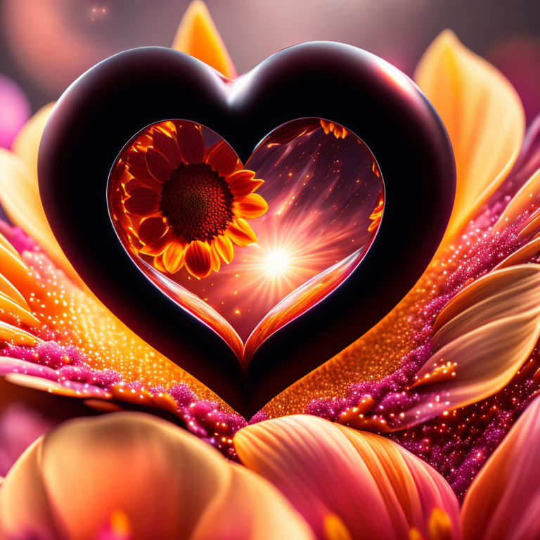 Colorful 3D digital art: heart-shaped frame, orange flower, glowing light