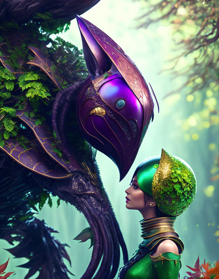 Woman in green nature helmet meets bird-like entity in mystical forest