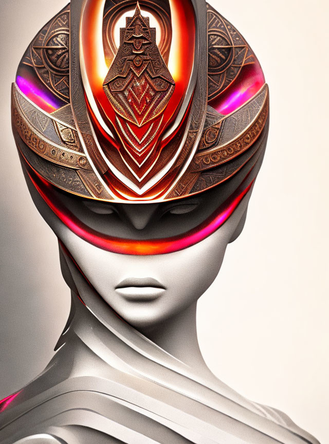 Stylized humanoid figure with intricate helmet design and glowing red visor