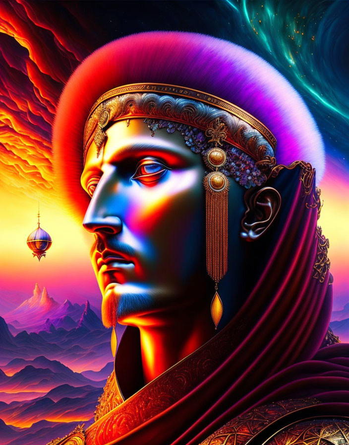 Regal figure in vibrant colors with cosmic backdrop and mountainous scene