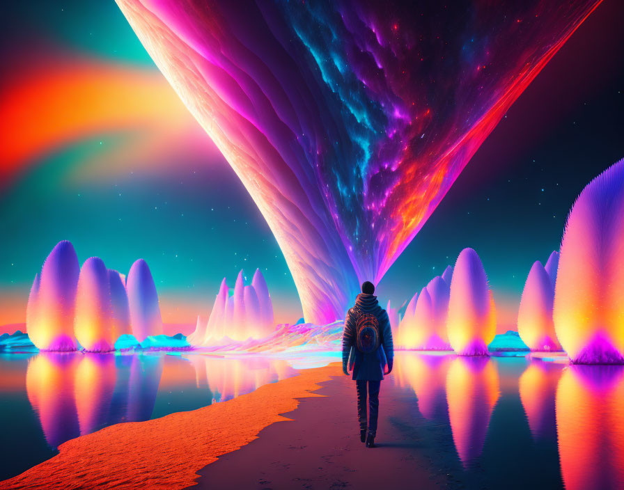 Surreal neon-lit landscape with colorful skies and spiked formations