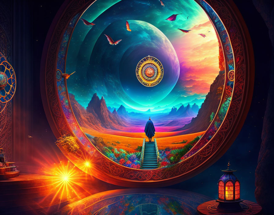 Person at entrance of vibrant portal overlooking mystical landscape with birds under cosmic sky