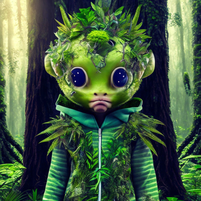 Green-skinned creature in hoodie amidst mystical forest