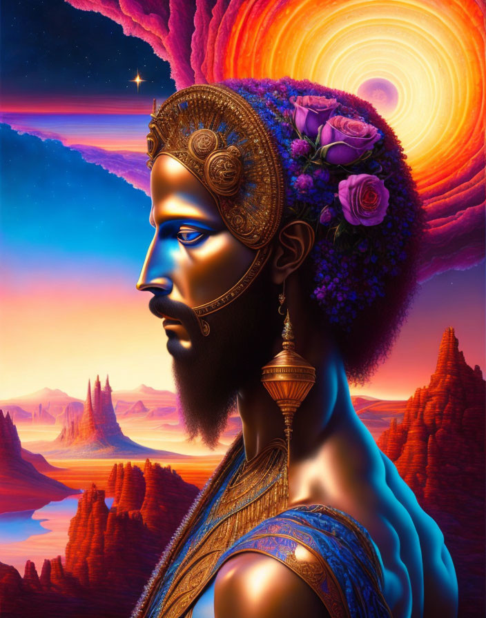 Colorful illustration: Bearded man with golden adornments in cosmic setting