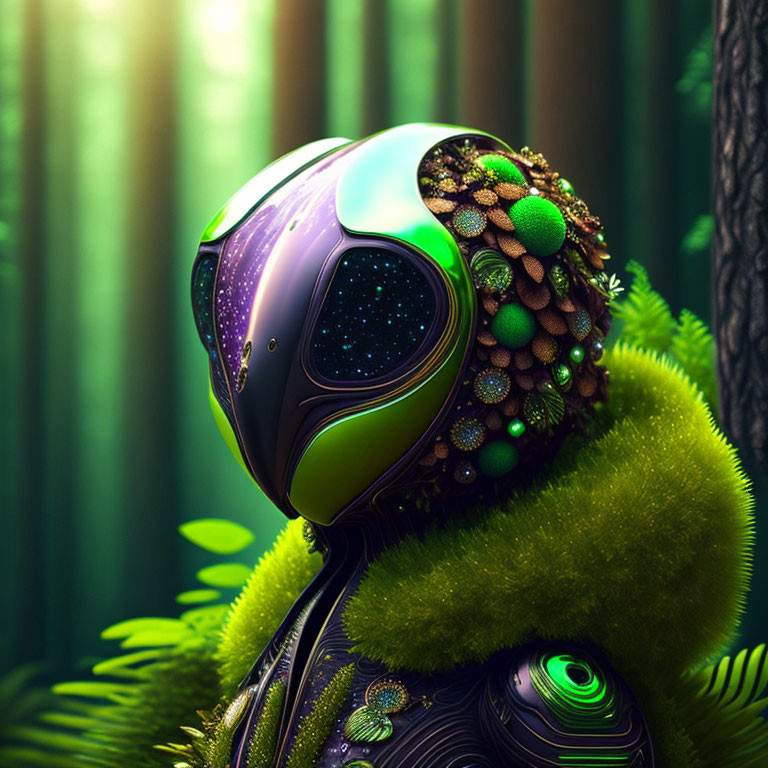 Surreal robot with bird features in vibrant forest scene