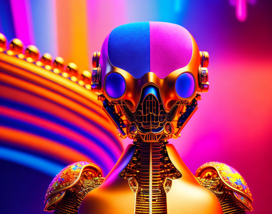 Golden Robot Head with Blue and Purple Lighting on Neon Swirl Background