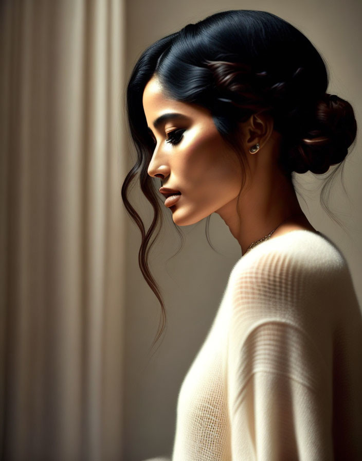 Dark-haired woman in elegant updo with serene profile under soft light