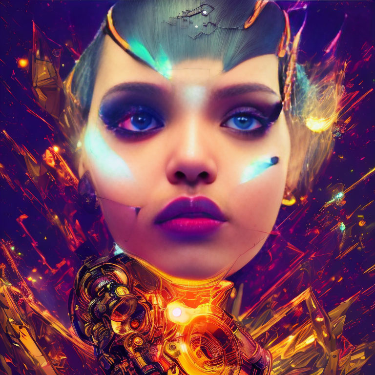 Futuristic woman with cyborg arm and sci-fi headgear in neon-lit setting