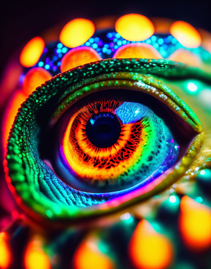 Close-up of vibrant eye with rainbow patterns and colorful bokeh lights