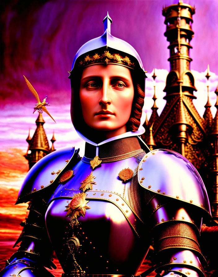 Knight in shining armor digital artwork against fantasy backdrop