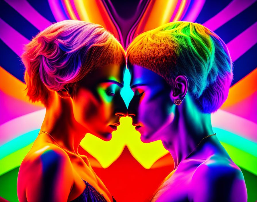 Neon body paint couple touch foreheads on vibrant abstract background