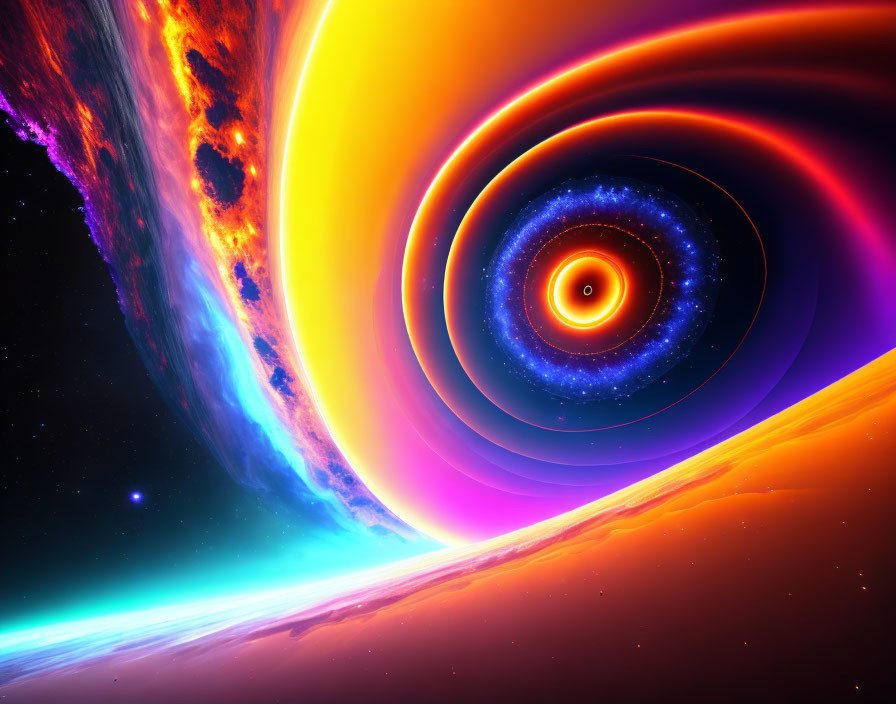 Colorful swirling galaxy digital art with orange, pink, and blue hues