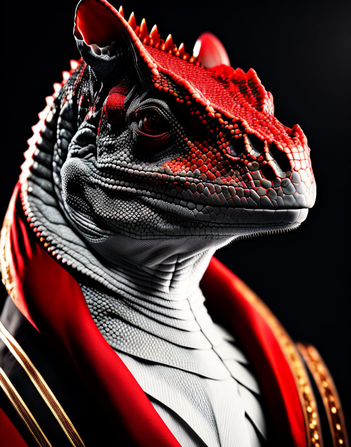 Detailed Digital Artwork: Humanoid Lizard in Regal Attire