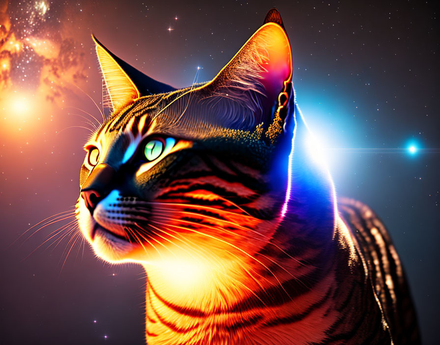 Vibrant cosmic space background with digitally enhanced cat.