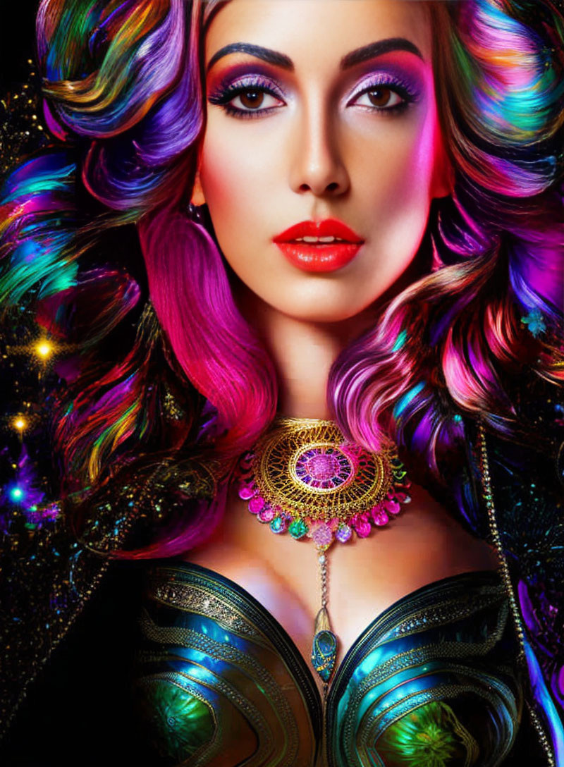 Vibrant multicolored hair and intense makeup on a woman with a prominent necklace against a cosmic