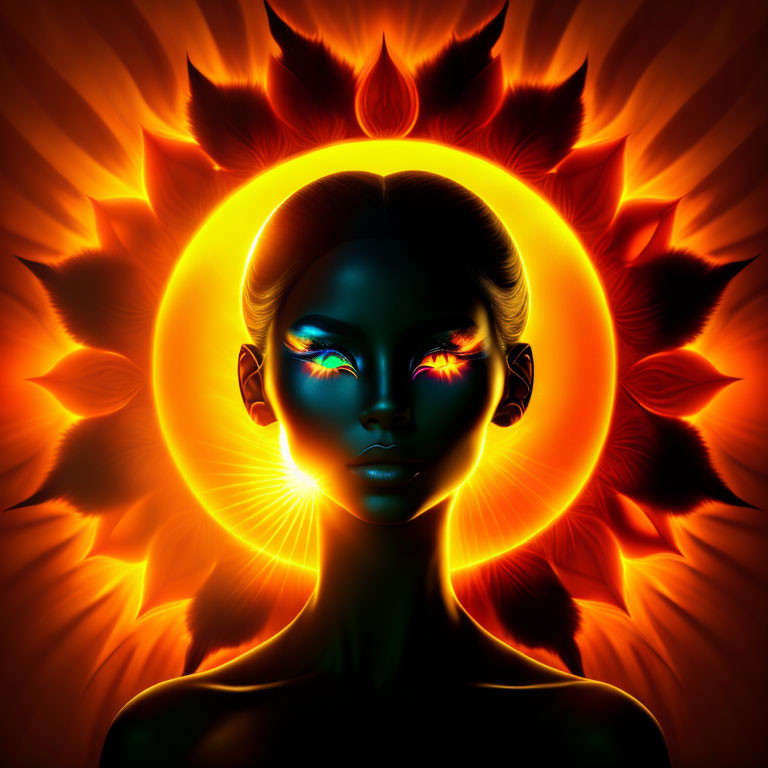 Stylized woman's face with glowing eyes and fiery petals halo