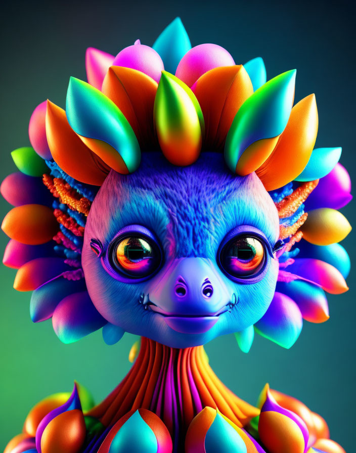 Colorful digital creature with blue skin and floral headdress.