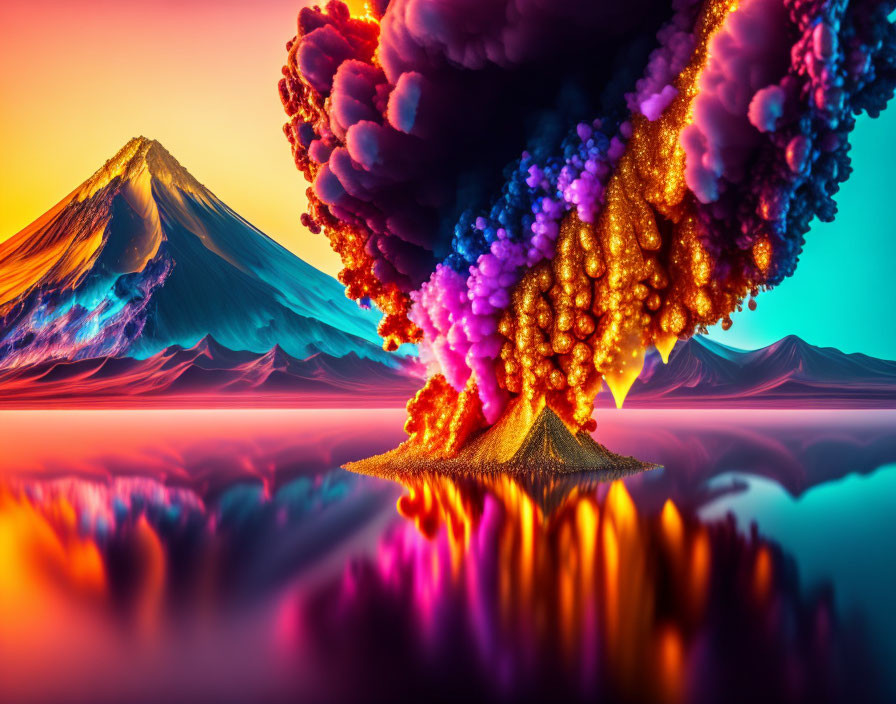 Surreal landscape with vibrant mountain and colorful cloud reflection