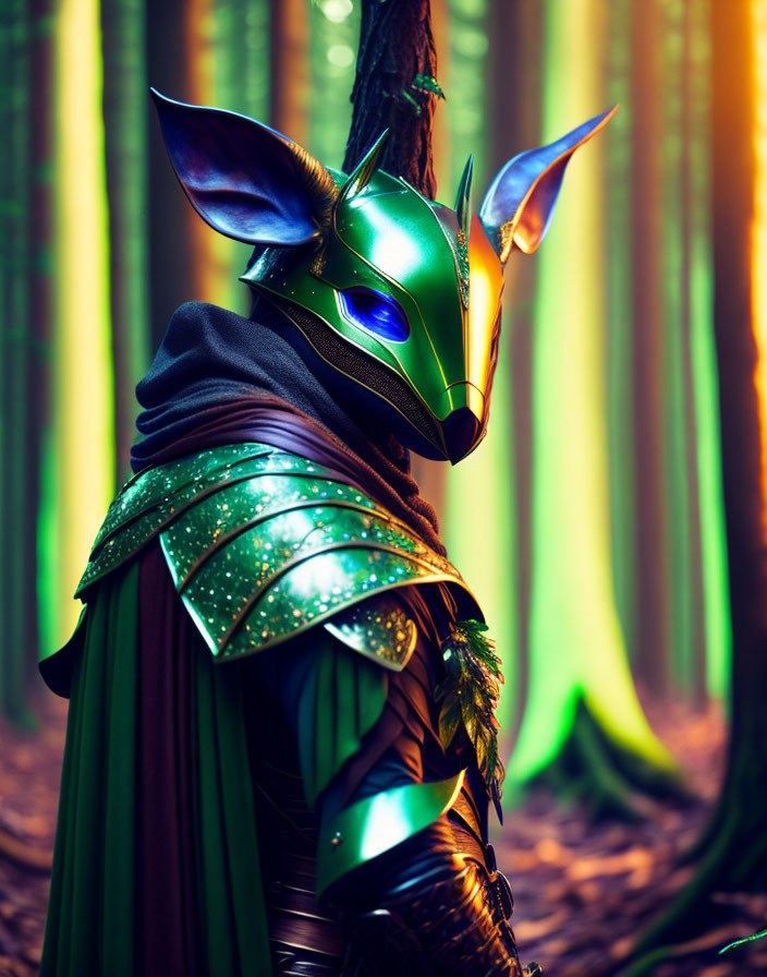 Fantasy-style person in green beetle armor with helmet and cape in glowing forest