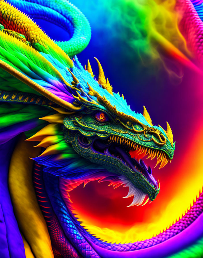 Colorful Dragon Breathing Mist on Psychedelic Background