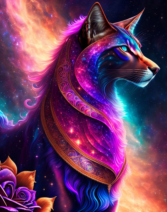 Colorful Cosmic Cat with Galaxy Mane in Starry Space Background