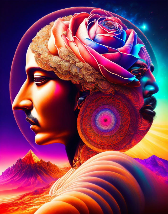 Surreal side profile art: person with rose brain in cosmic landscape