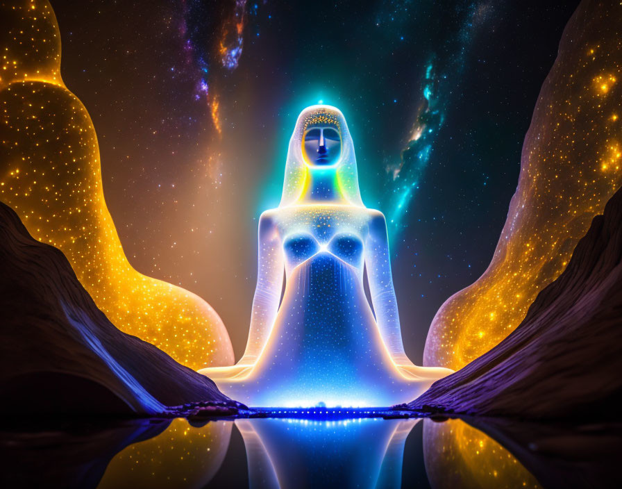 Luminous humanoid figure amid cosmic landscape with nebula reflections