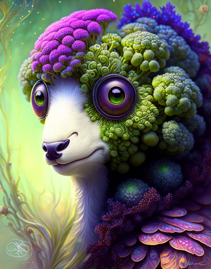 Colorful creature with purple eyes, broccoli-like head, leafy textures, and petal scales