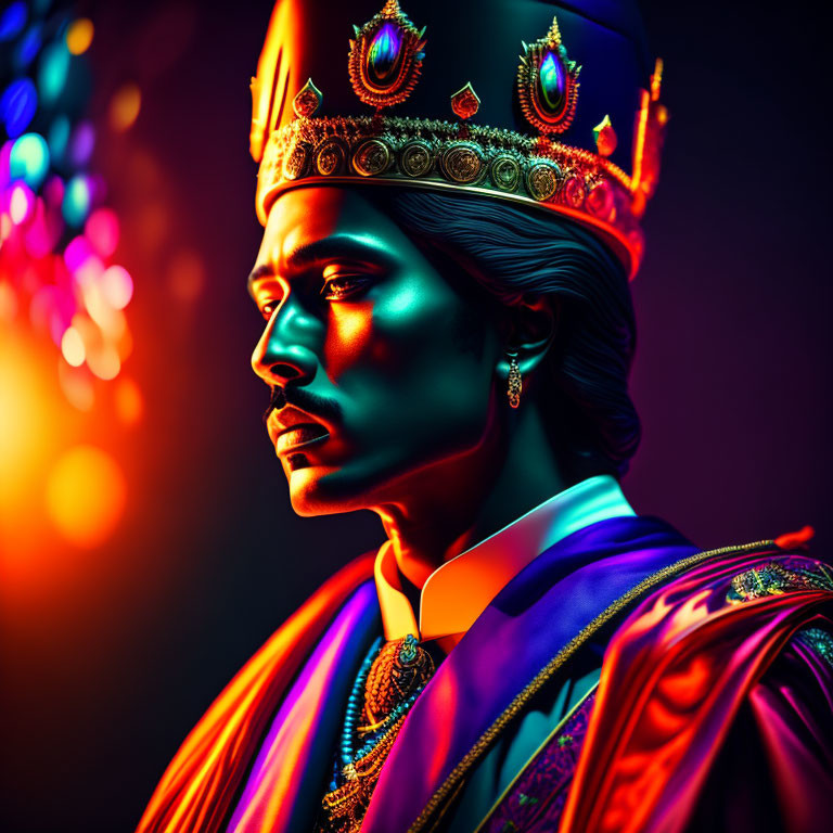 Regal man in royal attire under neon lighting