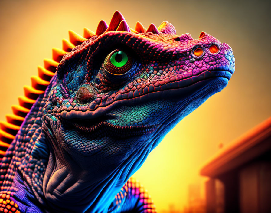 Detailed CGI close-up of a colorful iguana with green eyes and vibrant blue and pink scales on