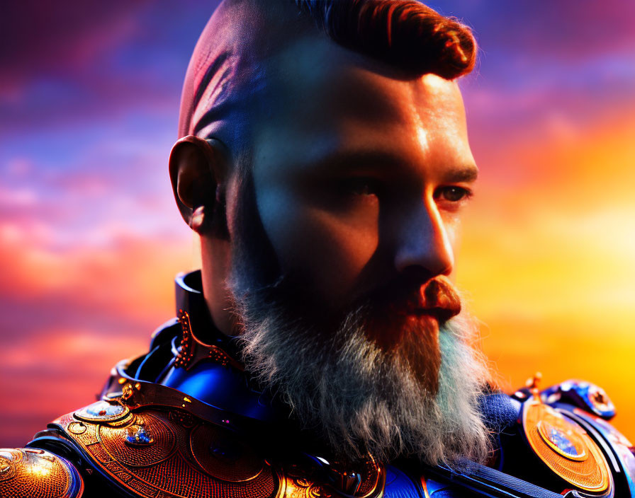 Bearded man in ornate armor at vibrant sunset.