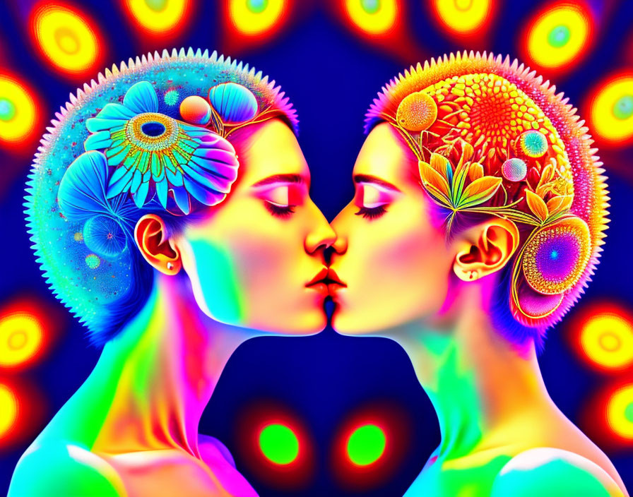 Vividly colored stylized faces in profile with floral patterns on psychedelic background