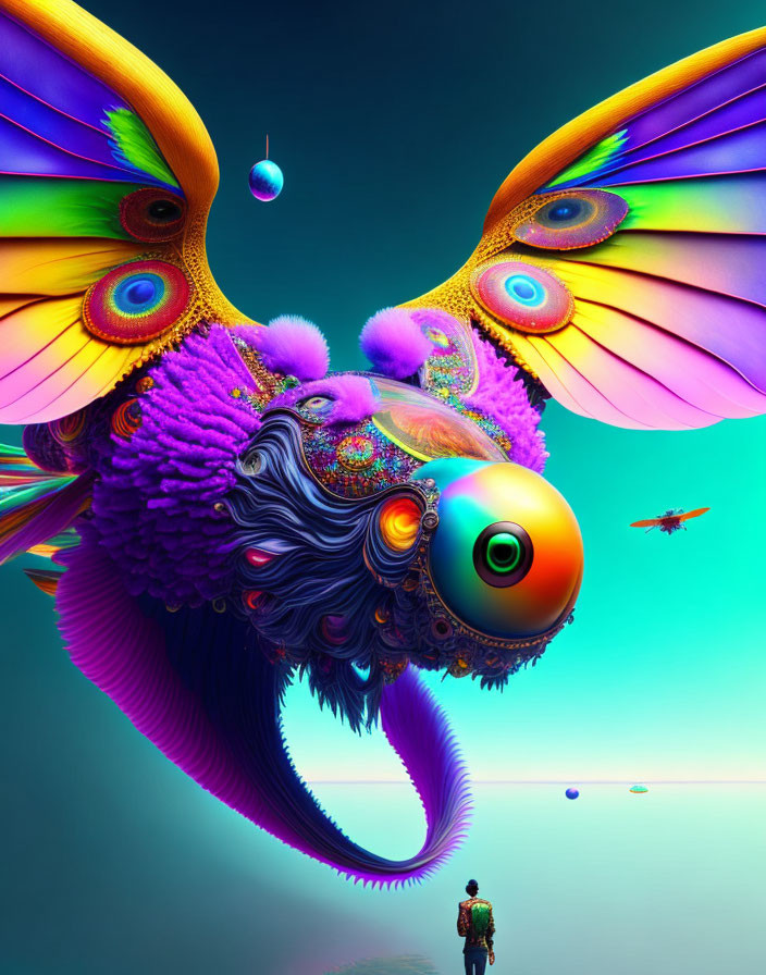 Colorful surreal image: fantastical creature, peacock-like wings, whimsical landscape, tiny human