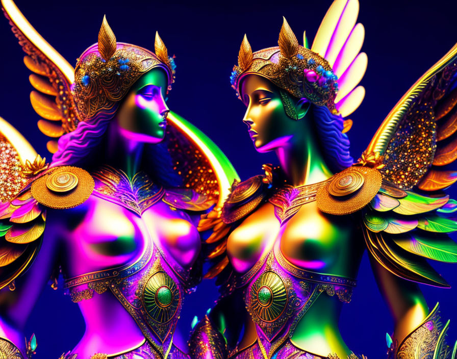 Vibrant digital artwork: Two winged fantasy characters in elaborate armor and headdresses on a dark