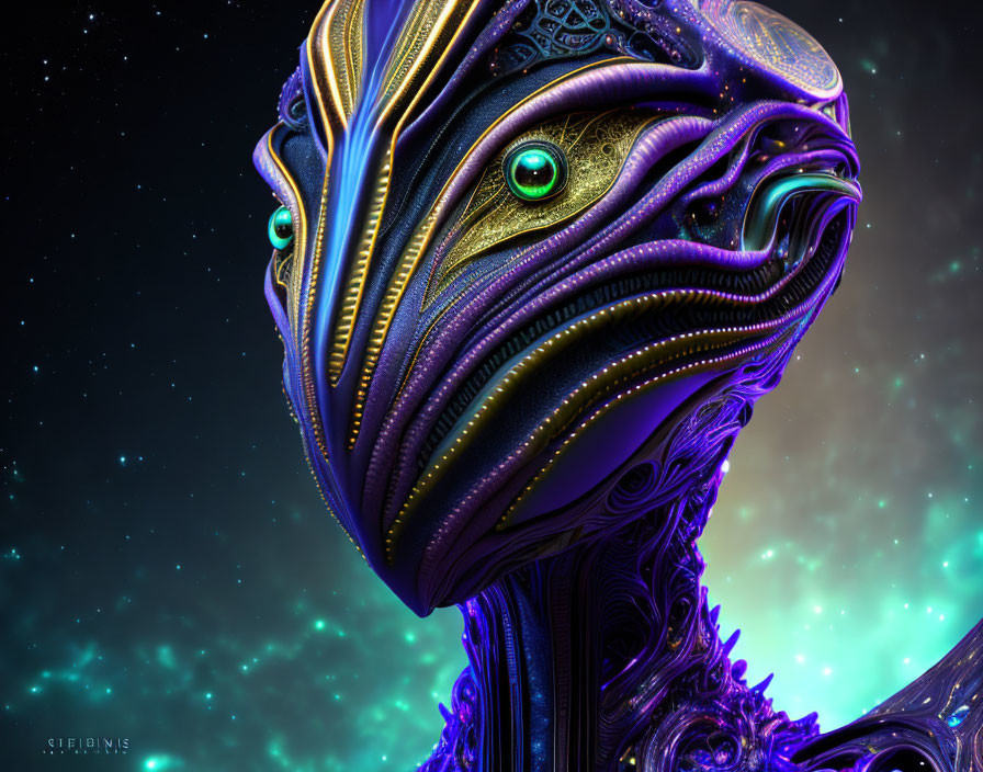 Detailed Alien Creature with Blue and Gold Patterns and Green Eyes in Space