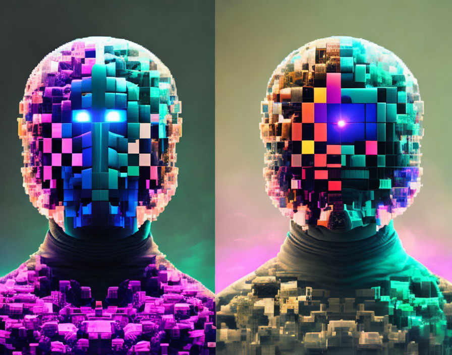 Pixelated glowing head silhouettes on dual-toned background