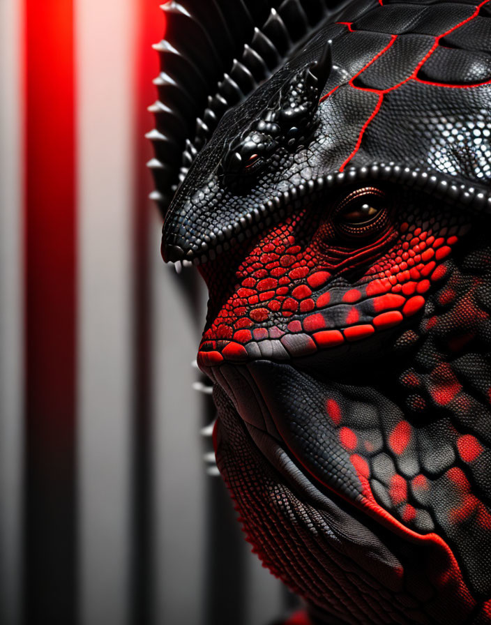 Detailed red and black reptilian creature with glowing eyes on blurred background