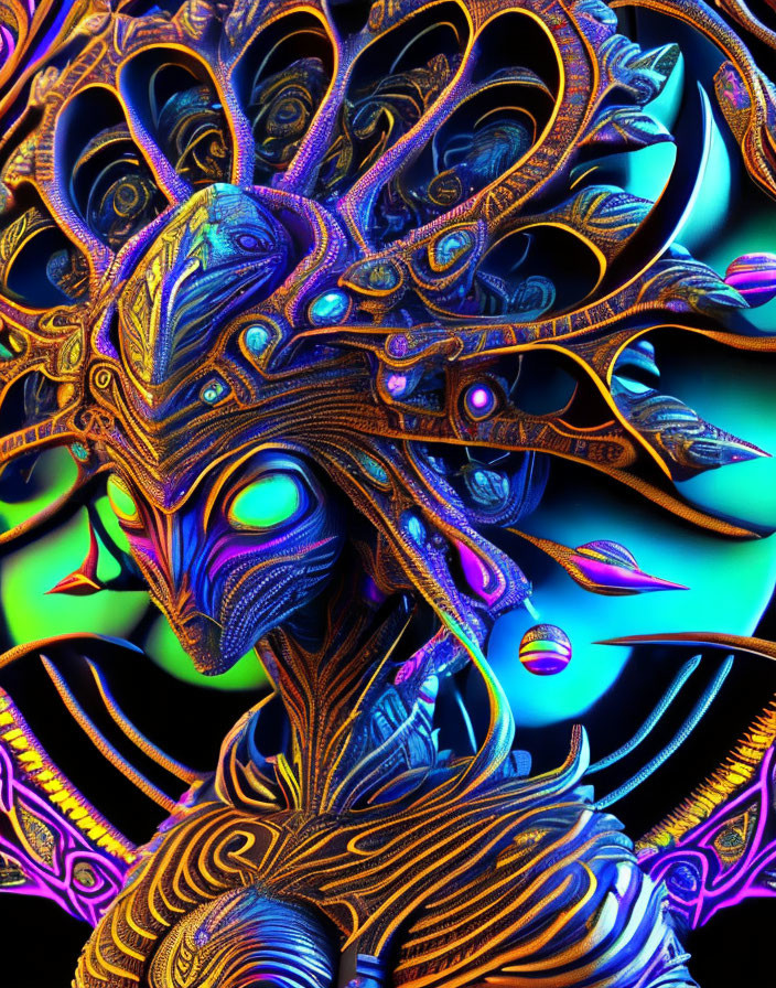 Colorful digital artwork: intricate alien figure with fractal patterns