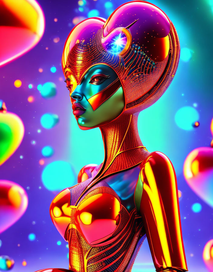 Futuristic digital artwork: Glossy-suited female figure in stylized helmet with orbs